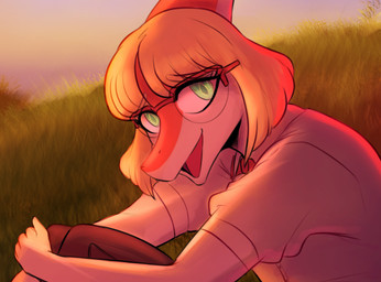 anthro biped blonde_hair bottomwear bow_tie clothed clothing eyelashes eyewear female fully_clothed glasses grass green_eyes hair looking_at_viewer multicolored_body open_mouth orange_body outside pants plant shirt short_hair sitting sky solo sunset topwear two_tone_body white_body deadassspider goodbye_volcano_high ko_op_(game_developer) naomi_(gvh) dinosaur hadrosaurid ornithischian ornithopod parasaurolophus prehistoric_species reptile scalie alternate_version_at_source digital_media_(artwork) warm_colors
