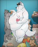 against_surface against_wall anthro arms_bent belly belly_squish bent_legs beverage big_belly big_butt big_dom_small_sub bladepup blush burger butt cake canid canine canis chips_(food) chubby_cheeks cinderdmutt corn_chips cupcake dessert digital_media_(artwork) domestic_dog dominant double_chin doughnut duo eating english_text fat_rolls feeding fingers fluffy fluffy_tail food food_fetish food_in_mouth food_insertion food_play fries full-length_portrait fur green_eyes green_hair green_highlights grey_body grey_fur hair half_eaten_food hi_res highlights_(coloring) holding_object huge_belly husky hybrid hyper hyper_belly ice_cream improvised_sex_toy inside junk_food love_handles male male/male mammal moobs multicolored_body neck_rolls nipples nordic_sled_dog nude obese obese_anthro obese_male overweight overweight_anthro overweight_male pastry pie pie_(food) pinned pinned_to_wall pizza pizza_slice plantigrade portrait potato_chips rogen_ladop_(character) simple_background size_difference smile soda soda_bottle spitz squish tail text thick_thighs tuft weight_difference weight_gain white_body white_fur wolf wolfdog