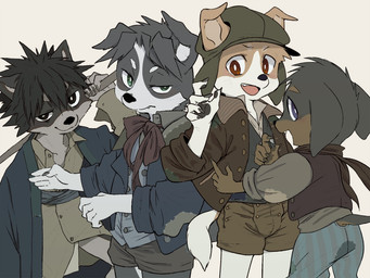 anthro bamboo bamboo_stick black_nose bottomwear claws clothing floppy_ears fur group hat headgear headwear jacket kemono looking_at_viewer male multicolored_body multicolored_fur patch_(fabric) scarf shorts topwear two_tone_body two_tone_fur victorian young young_anthro young_male tsubutekuro border_collie canid canine canis collie dachshund domestic_dog herding_dog hunting_dog mammal pastoral_dog sheepdog 4:3
