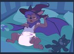 anthro aurora_the_bat bat bed blush bodily_fluids bubblepuppers claws clothed clothing crib diaper digitigrade drooling eyes_closed female furniture hat headgear headwear hi_res magic_user mammal open_mouth pacifier paws pillow plushie saliva sleeping solo teeth wearing_diaper winged_arms wings witch witch_hat