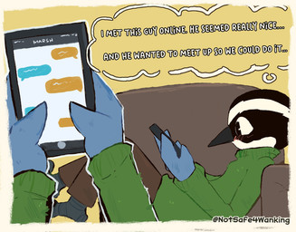 anthro beak blush cellphone chat chatting clothed clothing dialogue electronics feathers fully_clothed furniture holding_object holding_phone male male_anthro on_sofa phone simple_background smartphone sofa solo text texting thought_bubble topwear notsafeforwanking avian bird black-and-white_warbler oscine passerine warbler english_text hi_res