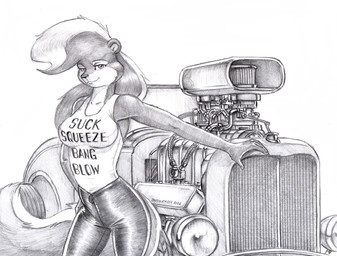 anthro breasts car clothed clothed_female clothing female fur hair shirt solo tail tank_top topwear vehicle baron_engel rosemary_parker_(character) mammal mephitid skunk 2026 greyscale monochrome
