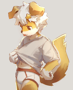 4_fingers accessory anthro bean_eyebrows black_eyes blep bulge clothing fingers fur hair hair_accessory hairclip male multicolored_body multicolored_fur navel shirt solo t-shirt tongue tongue_out topwear two_tone_body two_tone_fur underwear white_body white_clothing white_fur white_hair white_shirt white_topwear white_underwear yellow_body yellow_fur young young_anthro young_male kirlecore kirle canid canine canis mammal hi_res