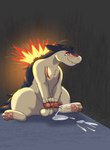 animal_genitalia animal_penis balls blush bodily_fluids canine_genitalia canine_penis cum ejaculation feral genital_fluids genitals male masturbation orange_eyes orgasm_face pawpads paws_on_penis penis solo alex.fetter nintendo pokemon generation_2_pokemon pokemon_(species) typhlosion hi_res