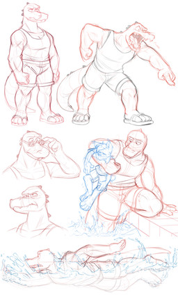 anthro athletic athletic_male back_spikes bottomwear clothing eyewear footwear gesture hand_gesture male muscular muscular_male open_mouth pointing pointing_at_another rescue sandals sharp_teeth shirt shoes shorts snout spiked_tail spikes spikes_(anatomy) splash sunglasses swimming swimming_pool tail tank_top teeth tongue topwear yelling silverscarf alligator alligatorid crocodilian reptile scalie 2017 absurd_res guide_lines hi_res sketch