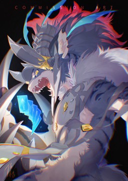 5_fingers anthro apron armor black_background blue_body blue_fur blue_stripes brown_pawpads card claws clothing countershade_face countershade_fur countershade_torso countershading eyebrows fangs finger_claws fingers fur glowing grey_apron grey_clothing grey_helmet grey_topwear hair headgear helmet horn horned_helmet looking_at_viewer male multicolored_body multicolored_fur open_mouth pawpads pupils red_hair side_view simple_background slit_pupils solo spiked_ears spikes spikes_(anatomy) striped_arms striped_back striped_legs striped_neck stripes teeth text tongue_showing topwear two_tone_body two_tone_fur white_body white_eyebrows white_fur white_hair white_sclera yellow_apron yellow_clothing yellow_eyes yellow_helmet yellow_topwear chiayeeee bandai_namco digimon digimon_(species) 2022 absurd_res chromatic_aberration digital_drawing_(artwork) digital_media_(artwork) english_text half-length_portrait hi_res portrait signature