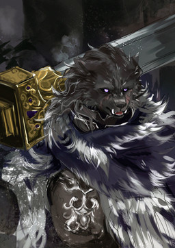 anthro armor black_body black_fur black_nose black_sclera facial_scar fur purple_eyes scar solo ao_gravity elden_ring fromsoftware blaidd_(elden_ring) canid canine canis mammal wolf absurd_res hi_res