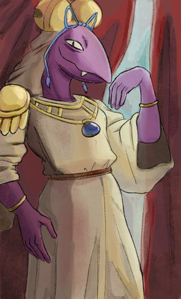 5_fingers anthro bell_hat bracelet clothed clothing curtains detailed_background epaulet fangs fingers front_view gem gold_(metal) gold_bracelet gold_jewelry gold_necklace headdress headgear headwear jewelry looking_at_viewer male necklace one_fang purple_body purple_skin robe smile solo standing tan_clothing tan_headwear tan_robe teeth nobodyshouse yu-gi-oh! orion_the_battle_king duel_monster lizard reptile scalie 2026 digital_drawing_(artwork) digital_media_(artwork) hi_res