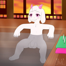 anthro balls big_balls big_penis eyeshadow flaccid floppy_ears foreskin fur genitals horn hot_spring humanoid_genitalia humanoid_penis makeup male nude onsen partially_submerged penis pink_eyes pink_eyeshadow pink_horn removed_clothing sitting solo steam submerged_legs sunset unretracted_foreskin water white_body white_fur jm-luxro deltarune undertale_(series) ralsei bovid caprine goat mammal 1:1 hi_res