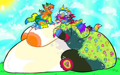 ambiguous_gender andromorph animal_genitalia animal_penis anthro belly big_belly big_breasts big_butt big_nipples blobby bodily_fluids breasts butt cloud double_chin drooling fat_arms fat_rolls female feral flower fungus genital_fluids genitals glistening glistening_eyes glistening_nipples grass group hair heart_nose heart_pawpads heart_symbol intersex lesbian_mushroom_goddess micro mold morbidly_obese multi_ear multicolored_hair mushroom mutliple_eyes nipples obese overweight pawpads penile_spines penis plant precum psychedelic puffy_nipples rainbow_hair saliva side_boob sitting_on_boobs size_difference sparklefur stack stacked standing_on_another stripes tiny_coyote tongue tongue_out trio wings luckyfractal777 dragon_smoking_weed canid canine canis coyote mammal hi_res