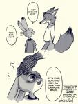 2016 ahiru621 anthro canid canine clothed clothing comic dialogue disney duo ears_down english_text female fox fur hand_on_head judy_hopps lagomorph larger_male laugh leporid male mammal monochrome nick_wilde pivoted_ears rabbit red_fox simple_background size_difference smaller_female smile text true_fox white_background zootopia