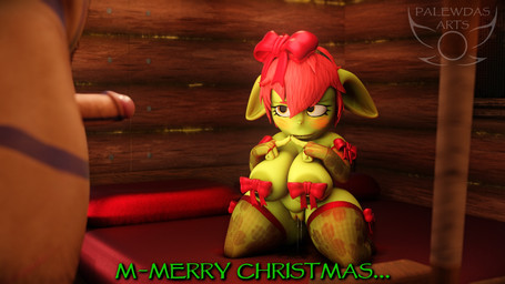 4_fingers amber_eyes areola barn_(palewdas) bed big_breasts big_ears biped blush bodily_fluids breasts christmas_clothing clothed clothing dripping druid ear_piercing ear_ring erection eyelashes fantasy female female_humanoid fingers fluids_on_ground freckled_breasts freckled_chest freckled_face freckled_shoulders freckles furniture genital_fluids genitals green_body green_skin hair holidays lace_stockings larger_male lingerie long_eyelashes magic_user male male/female markings mostly_nude_female nipple_piercing nipples nude_humanoid nude_male on_bed paladin penis piercing red_hair ribbons ring_piercing shortstack shy sitting sitting_on_bed size_difference slightly_chubby solo tavern text thick_thighs tribal tribal_markings tribal_spellcaster vaginal_fluids palewdas_arts palewdasarts_(modeler) christmas barn_(palewdasarts) mina_(palewdasarts) goblin human humanoid mammal 16:9 3d_(artwork) digital_media_(artwork) english_text hi_res shaded soft_shading widescreen