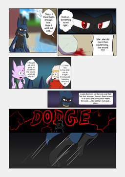 7_panel_comic ambiguous_gender arm_tuft biped black_text blood blue_body blue_fur blue_text bodily_fluids clothing cloud day dialogue ellipsis exclamation_point eyebrows fluffy fluffy_tail fur green_clothing green_pupils group inner_monologue looking_at_another motion_lines mouth_closed open_mouth outside paws pink_body pink_fur pupils purple_eyes question_mark red_body red_eyes red_fur shoulder_tuft sky sound_effects speech_bubble tail talking_to_another text text_box thinking tongue trio tuft white_sclera novaarts nintendo pokemon pokemon_mystery_dungeon spike_chunsoft hopps_(novaarts) lu_(novaarts) eeveelution espeon generation_2_pokemon generation_4_pokemon generation_8_pokemon pokemon_(species) raboot riolu 2025 absurd_res comic english_text hi_res