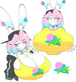 anthro backwards_baseball_cap backwards_hat baseball_cap bell bell_collar big_breasts black_baseball_cap blue_eyes blue_hair bouncing_breasts breasts chest_tuft cleavage closed_smile clothed clothing collar collarbone eye_through_hair eyebrow_through_hair eyebrows female fur furgonomic_baseball_cap furgonomic_hat furgonomic_headwear furgonomics grin grinning_at_viewer hair hat headgear headwear huge_breasts inner_ear_fluff jingle_bell jingle_bell_collar logo logo_on_topwear long_ears looking_at_viewer motion_lines mouth_closed multicolored_eyes multicolored_hair multiple_poses nipple_outline pink_eyes pink_hair pose simple_background smile smiling_at_viewer solo topwear translucent translucent_hair tuft two_tone_eyes two_tone_hair white_background white_body white_fur yellow_clothing yellow_topwear theycallhimcake pb_(theycallhimcake) lagomorph leporid mallkin mammal rabbit 2025 digital_drawing_(artwork) digital_media_(artwork) english_description half-length_portrait hi_res portrait busty_boy_(lore) male_(lore)