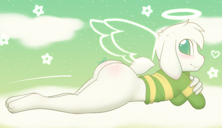 anthro blush bottomless butt clothed clothing cloud feathered_wings feathers green_clothing green_sweater green_topwear halo male pattern_clothing pattern_sweater pattern_topwear shota sky solo star striped_clothing striped_sweater striped_topwear stripes sweater topwear wings young young_anthro young_male breakingcloud undertale undertale_(series) asriel_dreemurr angel bovid caprine goat mammal monster absurd_res hi_res