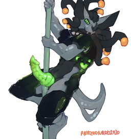 6_eyes anthro armor big_ears biped black_armor black_body black_claws black_fur black_nose black_tentacles claws dancing erection fangs fur futuristic futuristic_armor futuristic_clothing genitals glowing glowing_eyes glowing_genitalia glowing_penis green_armor green_eyes green_knot green_penis grey_body grey_fur knot looking_at_viewer male multi_eye multicolored_armor multicolored_body multicolored_fur penis pole pole_dancing pseudo_hair science_fiction simple_background smile solo teeth tentacle_hair tentacles text toe_claws two_tone_armor two_tone_body two_tone_fur white_background redishdragie patreon zadin_(ake) bat mammal monster 2020 digital_media_(artwork) english_text hi_res signature