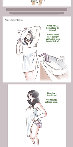 bathroom black_hair bottomwear breasts butt clothed clothing coat duo female genitals hair human_focus inside not_furry object_in_pussy simple_background sink smile solo_focus standing surprised text topwear towel unbirthing vaginal vore vulva white_background strawberrytfs human mammal matriarch_worm worm 2020 artist_name colored comic english_text hi_res sequence shaded