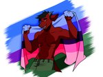 anthro black_hair bottomwear cargo_shorts clothing featureless_chest flag flag_(object) green_bottomwear green_clothing green_shorts grey_horn hair holding_flag holding_object horn lgbt_pride looking_at_viewer male omnisexual_pride_colors pride_color_background pride_color_flag pride_colors red_body red_eyes red_scales salmacian_pride_colors scales shirtless shirtless_anthro shirtless_male shorts simple_background solo tail mythology xetem_ilekex dragon hippodrake hybrid mythological_creature mythological_scalie scalie hi_res maleherm_(lore)