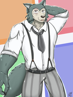 5_fingers anthro belt black_nose blush bodily_fluids bottomwear claws clothed clothing collared_shirt countershade_face countershading dress_shirt embarrassed eye_scar facial_scar finger_claws fingers fur glistening glistening_body glistening_clothing glistening_fur grey_body grey_fur hand_behind_head humanoid_hands looking_at_viewer male muscular muscular_anthro muscular_male necktie nervous nervous_smile pants pattern_bottomwear pattern_clothing pattern_pants rolled_up_sleeves scar school_uniform shirt smile solo standing striped_bottomwear striped_clothing striped_pants stripes suspenders sweat sweatdrop topwear uniform friendly25 beastars legoshi_(beastars) canid canine canis mammal wolf 2021 3:4 hi_res portrait signature three-quarter_portrait