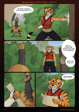 angry anthro beak bottomwear breasts clenched_teeth clothed clothing dialogue duo exercise feathers female fingers fur holding_object holding_scroll male muscular muscular_anthro muscular_female open_mouth orange_body outside pants profanity scroll smile speech_bubble standing stripes tail teeth text topwear training workout hacatiko dreamworks kung_fu_panda master_tigress anatid anseriform anserine avian bird felid goose mammal pantherine tiger 2025 comic digital_media_(artwork) english_text hi_res