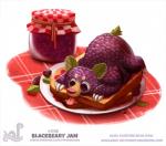 ambiguous_gender black_eyes blackberry_(fruit) bread container feral food fruit humor jar jelly_(food) leaf licking plant plate pun solo string tongue tongue_out visual_pun piper_thibodeau bear food_creature mammal 2017 digital_media_(artwork) digital_painting_(artwork)