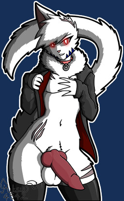 anthro blue_stripes clothing collar feminine genitals glowing glowing_eyes hoodie knot knotted_penis legwear looking_at_viewer male penis red_eyes scar scars_all_over solo stripes thigh_highs topwear torn_ear miksu4542 rani_(miksu4542) felid feline mammal alpha_channel hi_res