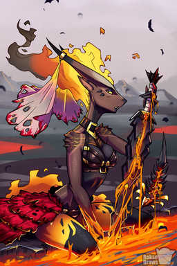 anthro bottomwear bra breasts clothing female horn horn_jewelry horn_ring jewelry lava medium_breasts melee_weapon non-mammal_breasts ring_(jewelry) skirt solo underwear weapon roksodraws mythology pompeii_(timberwolfl) dragon mythological_creature mythological_scalie scalie 2:3