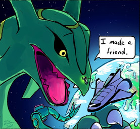 black_sclera extreme_size_difference green_body looking_at_another open_mouth planet size_difference space spacecraft speech_bubble star vehicle yellow_eyes tsitra360 nintendo pokemon generation_3_pokemon legendary_pokemon pokemon_(species) rayquaza