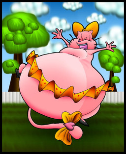 accessory anthro belly big_belly bottom_heavy bottomwear bow_on_head bow_ribbon clothing cloud eyes_closed female fence footwear fur furgonomics grass multicolored_body multicolored_fur obese obese_anthro obese_female open_mouth overweight overweight_anthro overweight_female pink_body pink_fur plant ribbons shoes skirt sky solo tail tail_accessory tail_bow tail_ribbon teeth tree two_tone_body two_tone_fur whiskers virus-20 20th_century_fox eek!_the_cat fox_kids nelvana annabelle_(eek!_the_cat) domestic_cat felid feline felis mammal 2010 digital_media_(artwork)