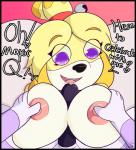 2018 animal_crossing anthro blonde_hair blush breast_play breasts canid canine canis digital_media_(artwork) domestic_dog duo female fur genitals hair hi_res isabelle_(animal_crossing) lying male male/female mammal nintendo nipples not_safe_for_reality nude on_back open_mouth penis sex shih_tzu smile text titfuck toy_dog yellow_body yellow_fur
