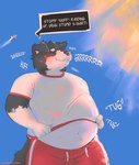 aircraft airplane anthro blush bodily_fluids bottomwear clothing dialogue eyes_closed fur gloves_(marking) hand_on_belly male markings multicolored_body multicolored_fur neck_tuft onomatopoeia overweight partially_covered_belly shorts smile solo sound_effects speech_bubble sweat sweatdrop text tired topwear tuft vehicle holidaysoftfox canid canine canis domestic_dog mammal hi_res