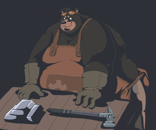 anthro apron arm_support beard belly big_belly biped black_body black_fur blacksmith clothed clothing eyewear eyewear_on_head facial_hair forward_arm_support fur furniture gloves goggles goggles_on_head hammer handwear ingot leaning leaning_forward leaning_on_furniture leather leather_apron leather_clothing leather_gloves leather_handwear love_handles male moobs musclegut muscular muscular_anthro muscular_male obese obese_anthro obese_male overweight overweight_anthro overweight_male smile solo standing table tools warhammer wide_hips crispyporkboi armel_callisto bear black_bear mammal ursine