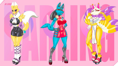 anthro arm_tuft armwear big_breasts black_body black_bottomwear black_clothing black_fur black_nails black_nose black_sclera black_skirt black_topwear blue_body blue_eyes blue_fur bottomwear breasts chest_spike cleavage clothed clothing colored_nails dipstick_ears dipstick_tail dress ear_markings electronics eyelashes eyeshadow fangs feet female footwear front_view fur gloves_(marking) hand_on_chest hands_on_hips high_heels holding_object holding_phone leavage leg_markings long_nails makeup markings multicolored_ears nails narrowed_eyes navel_outline neck_tuft open_mouth paws phone pink_background pink_nose platform_footwear platform_heels purple_armwear purple_body purple_clothing purple_eyeshadow purple_fur purple_nails red_clothing red_dress red_eyes shoes shoulder_tuft simple_background skirt smile socks_(marking) solo spikes spikes_(anatomy) tail tail_markings tan_body tan_fur teeth text thick_thighs toes topwear tuft white_body white_clothing white_dress white_fur wide_hips yellow_body yellow_eyes yellow_fur hiliwd bandai_namco digimon level-5 nintendo pokemon yo-kai_watch kyubi_(yo-kai_watch) digimon_(species) generation_4_pokemon lucario pokemon_(species) renamon hi_res