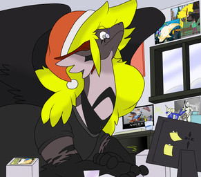 4_fingers black_body black_feathers blonde_hair christmas_clothing christmas_headwear clothing computer desk electronics eyewear feathered_wings feathers feral fingers furniture glasses group hair hat headgear headwear holidays monitor post-it_note santa_hat shirt surprised t-shirt table topwear wings windsentinel christmas european_mythology mythology nintendo pokemon winder_(sentinelwinder) dragon generation_5_pokemon mythological_creature mythological_scalie pokemon_(species) samurott scalie western_dragon hi_res