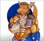 abs anthro arm_tattoo australia australian australian_flag big_muscles big_pecs chest_tattoo facial_hair hair hand_on_neck male muscular muscular_male nipples pecs solo tattoo wearing_flag krowbutt kangaroo macropod mammal marsupial hi_res