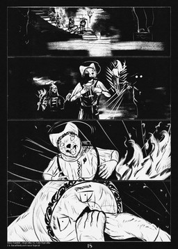 4_panel_comic 5_fingers anthro armor biped black_eyes black_nose ellipsis fingers group holding_object holding_torch hood looking_around male medieval open_mouth page_number sharp_teeth stairs standing tail teeth text tongue torch walking warrior white_sclera leprzil canid canine canis domestic_cat domestic_dog felid feline felis gulonine mammal marten murid murine mustelid musteline oriental_shorthair rat rodent 2025 comic english_text hi_res monochrome