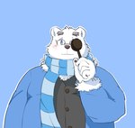 anthro blue_background blue_eyes blush clothing humanoid_hands kemono male overweight overweight_male scarf simple_background solo sweater topwear white_body twoyinyin utau shirane_kan bear mammal polar_bear ursine 2023 hi_res