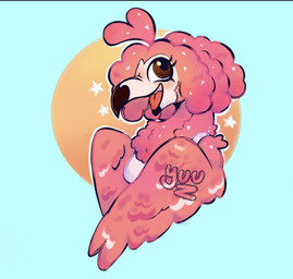 beak birthday blue_background breasts circle clothing eyelashes feathered_wings feathers female hair light looking_up medium_hair neck_tuft no_eyebrows non-mammal_breasts open_beak open_mouth open_smile pink_body pink_feathers pink_hair red_tongue semi-anthro shirt simple_background smile solo star_(shape) tank_top text tongue topwear tuft white_beak white_clothing white_shirt white_tank_top white_topwear wings sillyhog flam_(flamigoat) avian bird flamingo 2025 artist_name bust_portrait colored digital_drawing_(artwork) digital_media_(artwork) english_description hi_res lighting portrait shaded