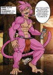 abs anthro body_hair bottomwear bulge chest_hair clothing feet fur hair loincloth male monkey_tail nipples pink_body pink_fur pink_hair pipe_bomb prehensile_feet red_eyes solo speech_bubble teeth_showing toes hazker haplorhine humanoid mammal monkey primate hi_res