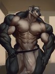 5_fingers anthro big_bulge big_muscles big_penis black_body black_claws black_fur black_nose bulge claws clothed clothing countershading fingers flaccid fur genitals grey_eyes hair huge_bulge huge_muscles huge_penis jockstrap jockstrap_only looking_at_viewer male multicolored_body multicolored_fur muscular muscular_male nipples penis pink_nipples pink_penis pubes simple_background smile solo standing thick_penis topless translucent translucent_clothing translucent_underwear two_tone_body two_tone_fur underwear underwear_only white_body white_fur white_hair white_pubes oldshep badger mammal mustelid musteline 2023 hi_res