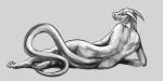 anthro bare_back female grey_body grey_scales horn long_tail lying nude scales simple_background smile smooth_horn solo tail wide_hips aaros mythology dragon mythological_creature mythological_scalie scalie greyscale monochrome