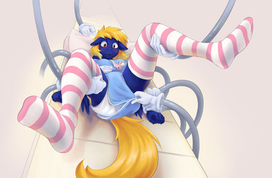 anthro blonde_hair blue_body blue_fur brown_eyes clothed clothing conveyor_belt diaper diaper_fetish female footwear fur hair legwear machine mechanical_hands onesie pacifier pacifier_clip pattern_clothing pattern_footwear pattern_legwear pattern_socks romper_suit socks solo striped_clothing striped_footwear striped_socks stripes wearing_diaper wings daydreamed hasbro my_little_pony mythology fan_character naveen_numbers equid equine mammal mythological_creature mythological_equine pegasus hi_res