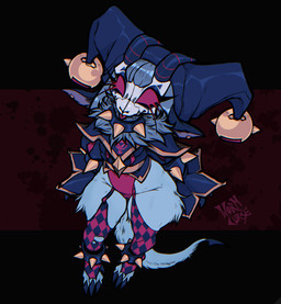 anthro blue_body bone claws collar female fluffy fluffy_tail horn jester klaha piercing red_eyes skull skull_head solo spikes studded_collar studs tail toe_claws tongue tongue_piercing wormcurse jingles bovid caprine caprine_demon demon goat_demon mammal hi_res