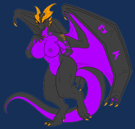 abs anthro athletic big_breasts big_tail black_body breasts claws cleavage clothed clothing crossgender curvy_figure digitigrade dragon_wings feet female hand_behind_back hand_on_chest horn huge_breasts leaning leaning_forward mature_female membrane_(anatomy) membranous_wings muscular muscular_anthro muscular_female navel nipples non-mammal_breasts non-mammal_navel nude nude_anthro nude_female on_one_leg orange_eyes purple_body runes smile smiling_at_viewer smirk smirking_at_viewer solo spikes spikes_(anatomy) standing tail talons thick_thighs toes wide_hips wings yellow_claws yellow_horn aloulore mythology abyss_guardian void_guardian dragon mythological_creature mythological_scalie scalie absurd_res alpha_channel hi_res