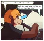 anthro border brown_body brown_fur car dialogue driving fur hair inside_car inside_vehicle male orange_hair text vehicle whiskers white_border yellow_eyes colrblnd duzt measureup bishop_locke mammal mustelid otter comic english_text