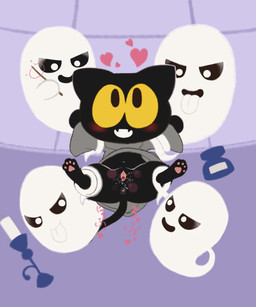 anthro anus black_sclera blush clothing female genitals group heart_symbol open_mouth robe spread_legs spreading tongue tongue_out vulva white_body white_eyes white_tongue yellow_eyes sake_kemosalmon google google_doodle magic_cat_academy momo_(google) domestic_cat felid feline felis ghost mammal spirit 2018 5:6 hi_res