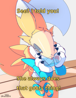 anthro black_sclera dialogue dialogue_box drinking female fur glass solo text white_body white_fur yellow_body yellow_fur ando bandai_namco digimon canid canine digimon_(species) mammal renamon absurd_res english_text hi_res meme