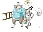 anthro bone bottomless bucket clothed clothing container duo hat headgear headwear ladder male moobs obese overweight overweight_male paint shirt shirt_only skeleton speech_bubble top_hat topwear topwear_only walking spiritfoxzilla mythology scary_godmother harry_the_werewolf animated_skeleton canid canine canis mammal mythological_canine mythological_creature undead werecanid werecanine werecreature werewolf wolf hi_res