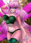 ahoge anthro blue_eyes breasts clothed clothing eyebrows eyelashes female fingers fur hair lingerie lips looking_at_viewer nails pink_body pink_fur purple_hair simple_background smile solo standing wings adorableinall mariah_veiethe canid canine canis mammal wolf 2020 digital_media_(artwork)