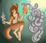 5_fingers anthro breasts ear_piercing female fingers fire gradient_background green_eyes hair nipple_tape nude pasties piercing ponytail red_hair simple_background smile smoke solo tape eura canid canine mammal